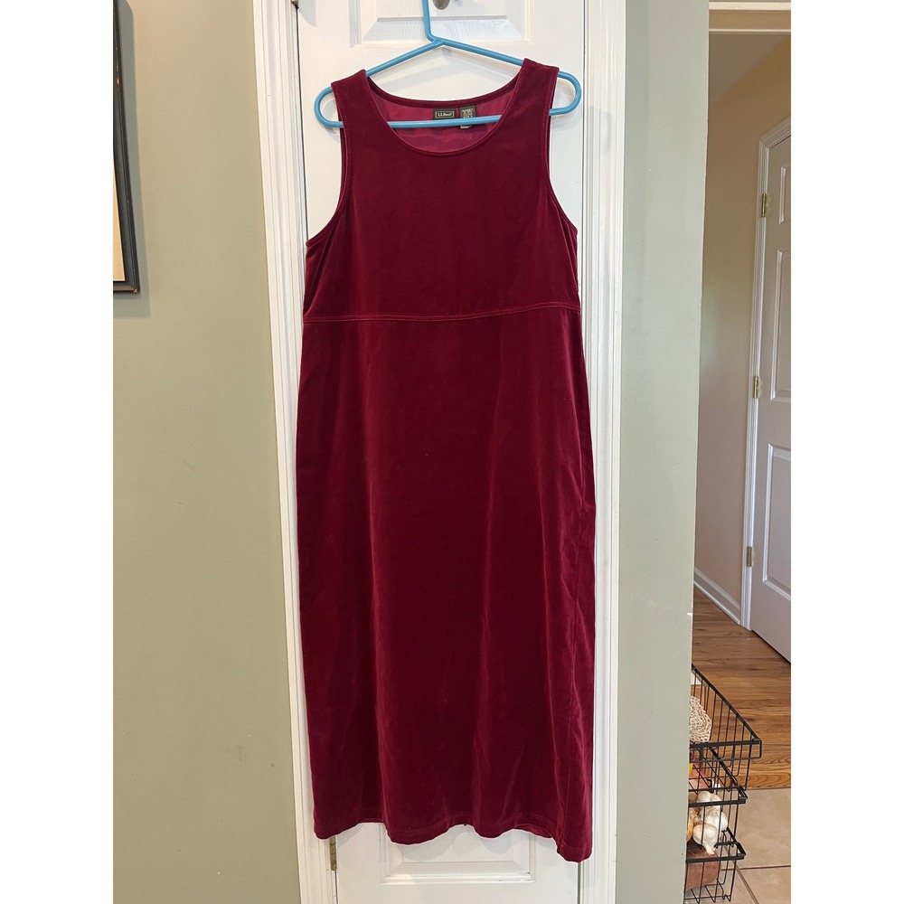 LL Bean Womens 10 Burgundy Cotton Velvet Sleeveless Empire Waist Midi Dress